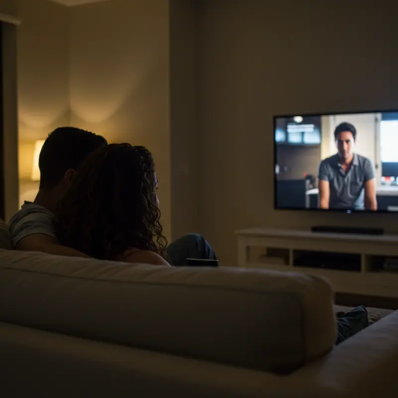 Casal assistindo ao serviço de IPTV da Uni Prime em uma Smart TV com qualidade 4K